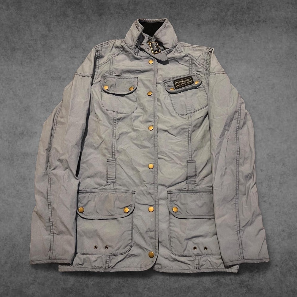 Barbour International Blue Canvas Jacket Union Jack Lining Women Size US 6 UK 10